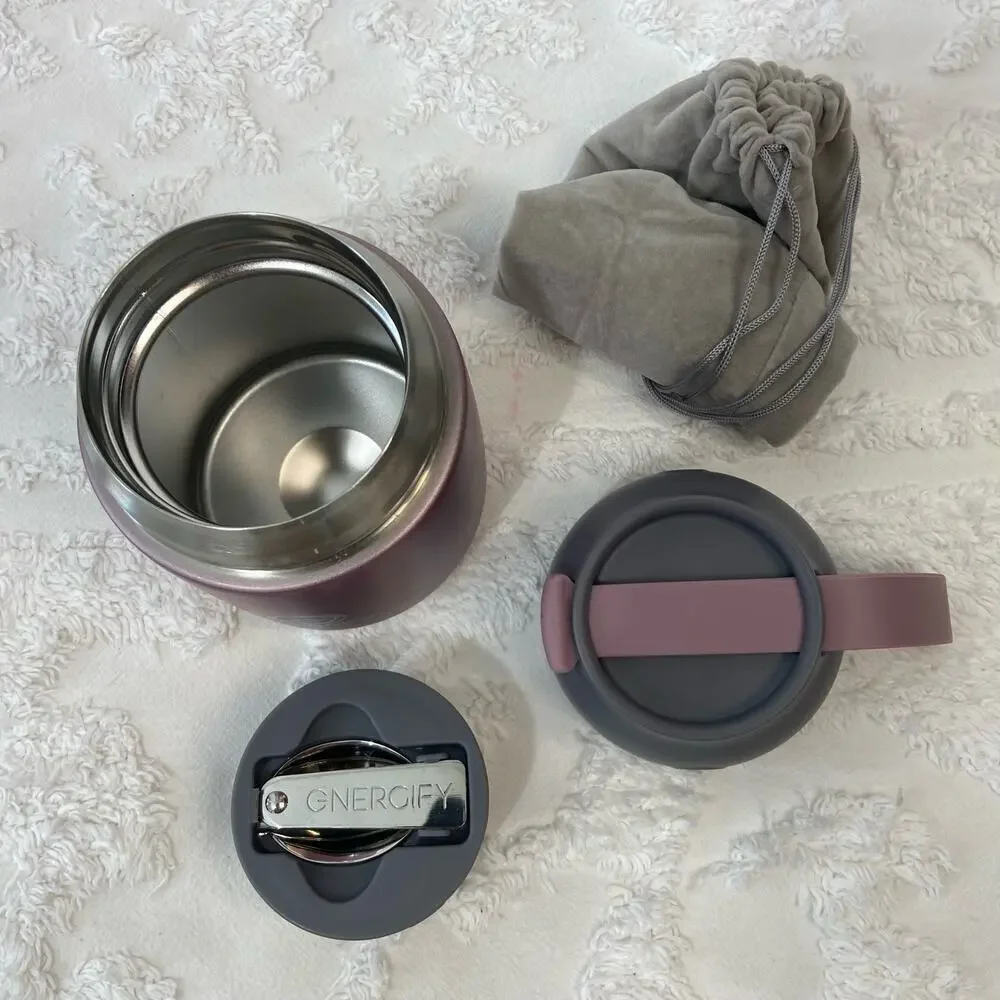 GNERGIFY Double Wall Vacuum Food Jar Thermos w/ Folding Spoon & Bag 22 oz Purple